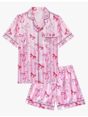 Amazon Pink Bow-Print Satin Short Pajama Set for Kids